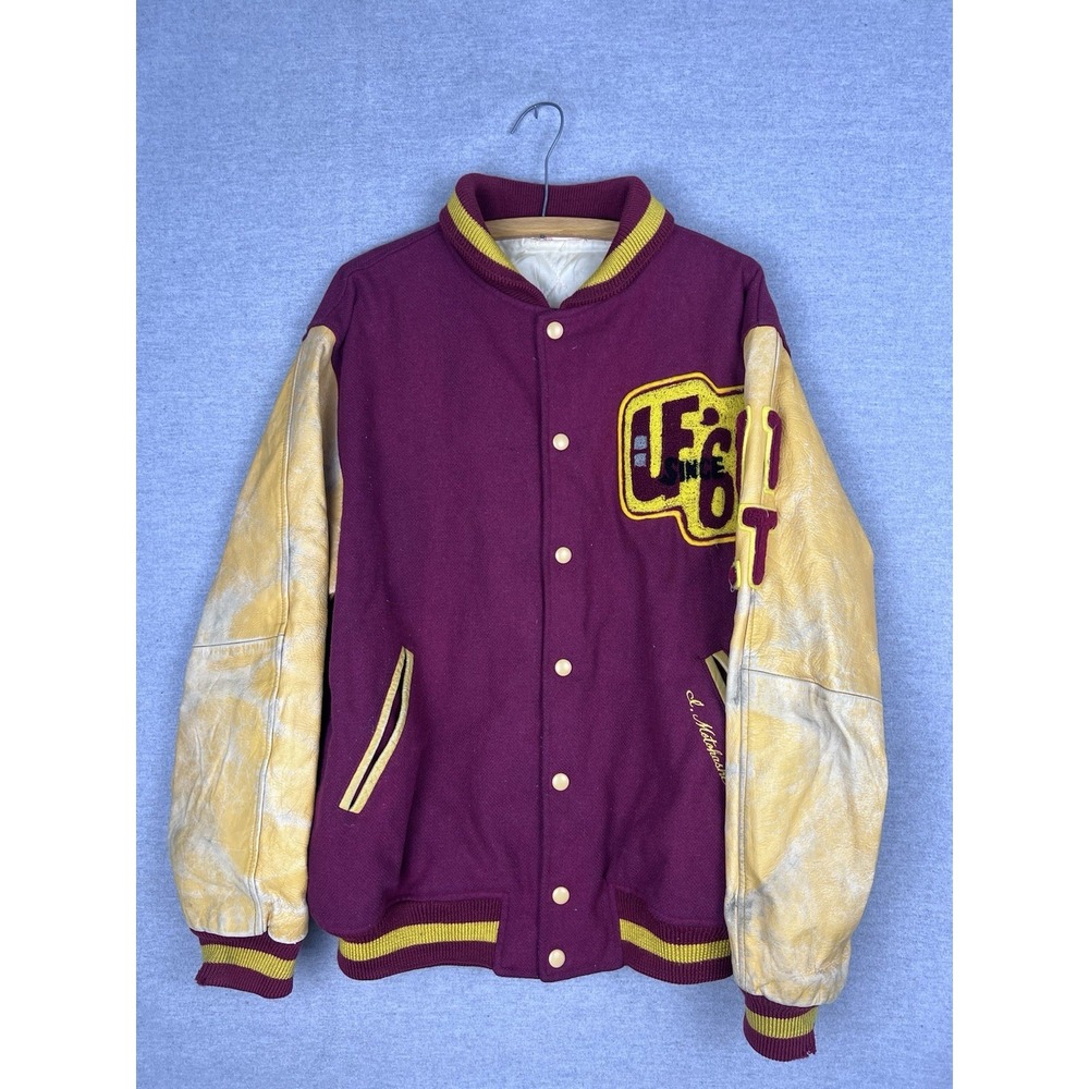 Vintage Varsity Letterman Jacket Maroon Wool Leather Sleeves Patch L‎ 60s 70s